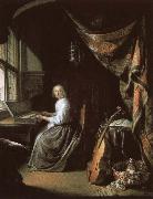 a 17th century dutch painting by gerrit dou of woman at the clvichord.